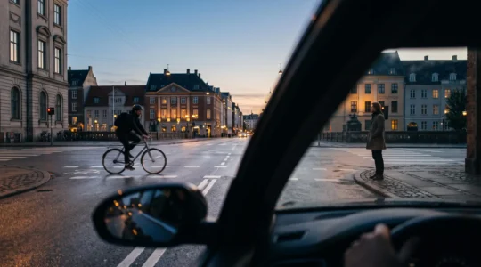 Vue large d'une rue urbaine où un conducteur anticipe la présence d'un cycliste et d'un piéton au crépuscule