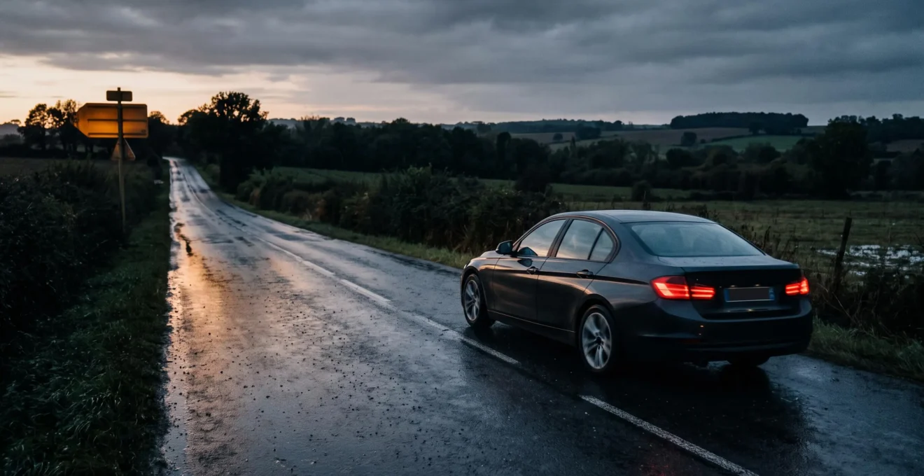 Voiture roulant sur une route de campagne francaise humide au crepuscule, symbolisant le risque lie a la vitesse excessive