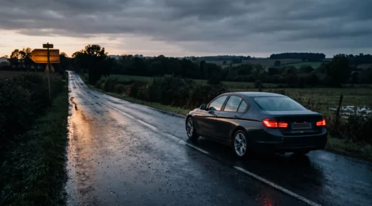 Voiture roulant sur une route de campagne francaise humide au crepuscule, symbolisant le risque lie a la vitesse excessive