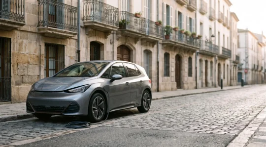 Voiture électrique moderne stationnée dans une rue européenne au petit matin, illustrant le bonus écologique en France