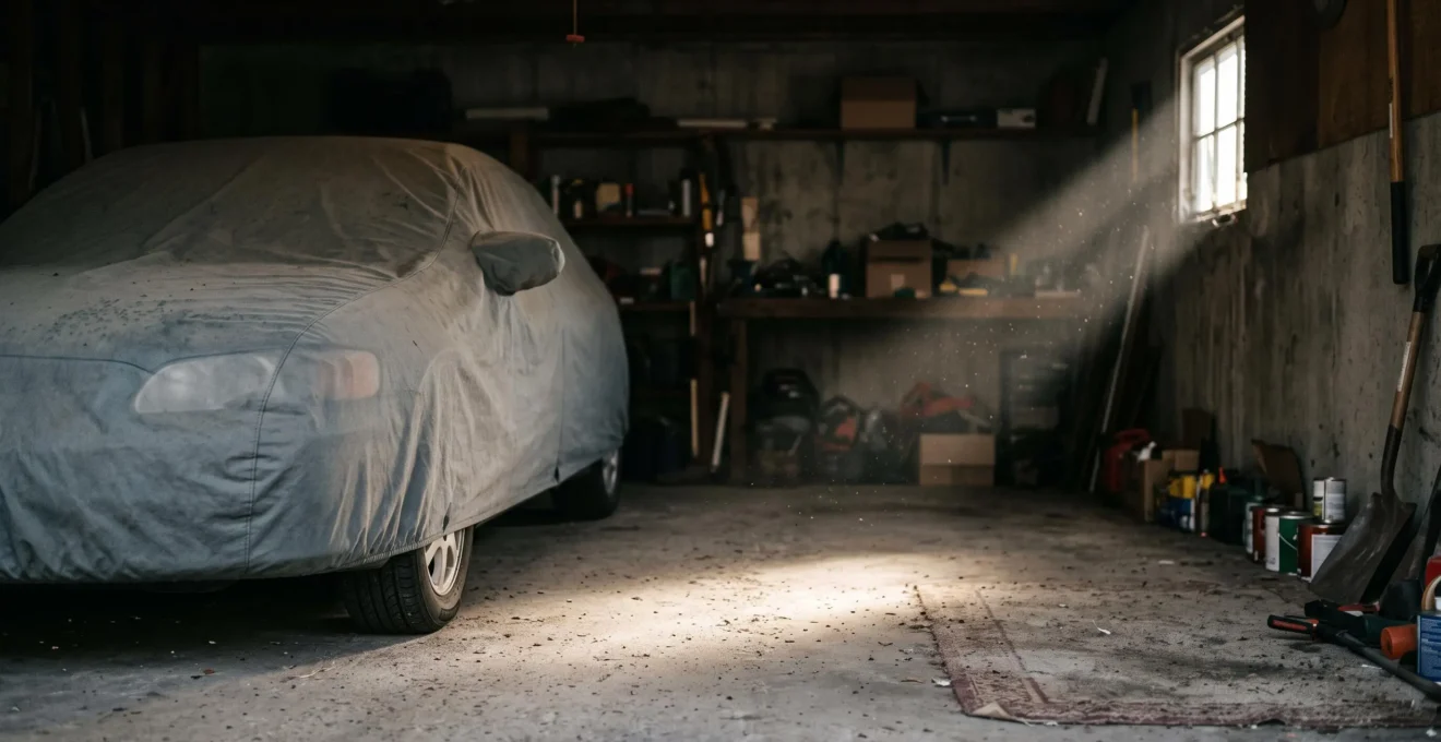 Voiture immobile recouverte d'une housse dans un garage sombre, illustrant le risque persistant même à l'arrêt