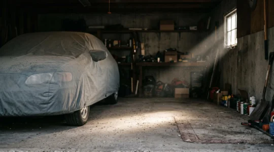 Voiture immobile recouverte d'une housse dans un garage sombre, illustrant le risque persistant même à l'arrêt