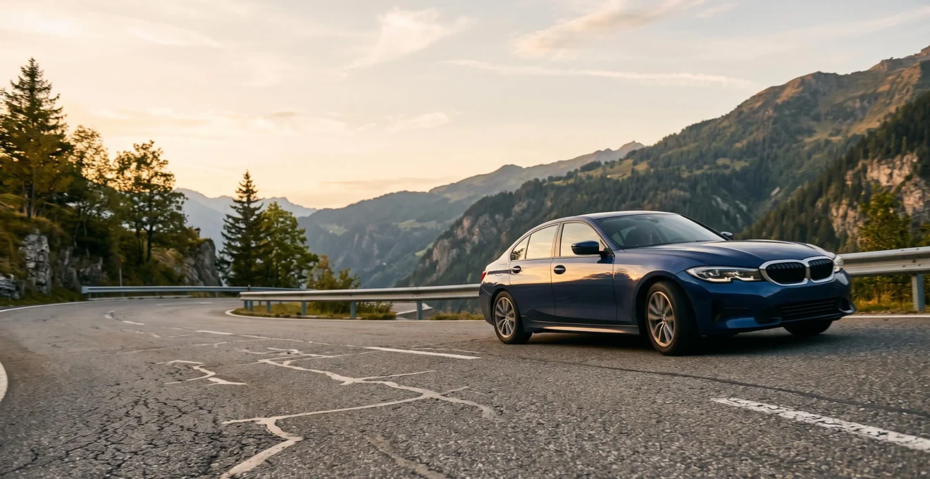 Voiture sportive négociant un virage sur une route de montagne, illustrant la stabilité et la tenue de route