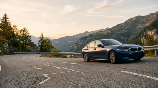 Voiture sportive négociant un virage sur une route de montagne, illustrant la stabilité et la tenue de route